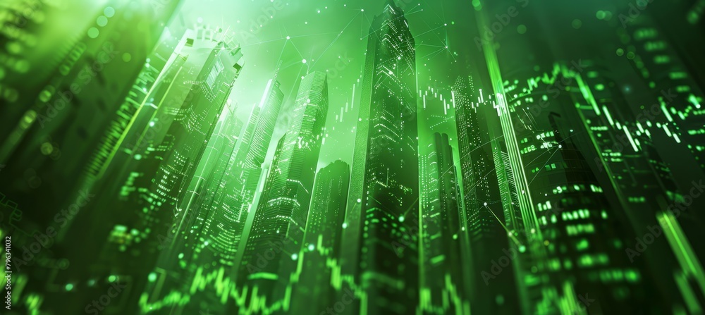 Poster Line business chart data and stock market finance economy statistic and city buildings visualization. Generative AI technology.	
