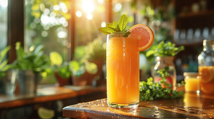 A big glass of orange juice on a table. 