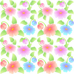 Seamless vector pattern - beautiful delicate multi-colored gradient flowers, leaves, and buds on a white background.