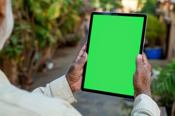 Digital mockup indian man in his 50s holding a tablet with a fully green screen