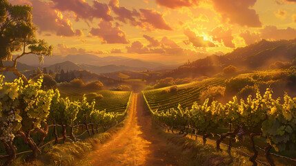 Fototapeta na wymiar As the sun sets behind the rolling hills of the vineyard, its warm glow envelops