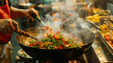 In a vibrant market scene, a skilled chef deftly tosses a variety of colorful vegetables in a hot wok. - obrazy, fototapety, plakaty