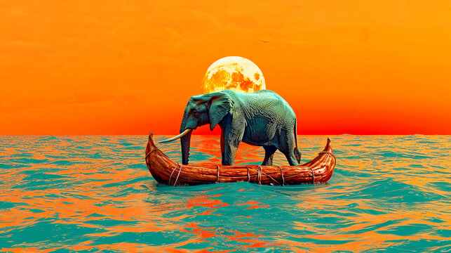 Lonely elephant sail on a raft across an ocean. Surreal artwork.