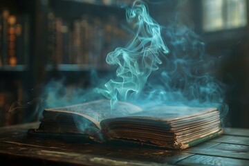 Ancient spellbook emits magical smoke evoking fantastical arcane atmospheres in vintage library. Concept Fantasy, Magic, Vintage, Library, Ancient, Atmosphere - obrazy, fototapety, plakaty