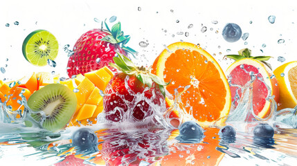 Tropical fruits in water on white background. Healthy food concept