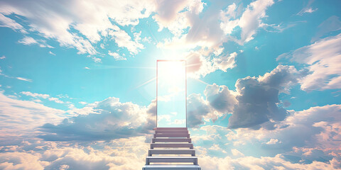 Ladder going up to sky in sunny day collage. Stairs to the clouds. Development concept.