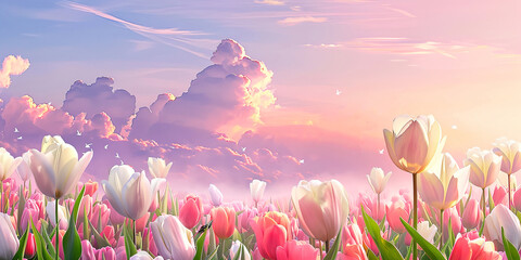 Illustration of  pink tulips field. Natural landscape banner
