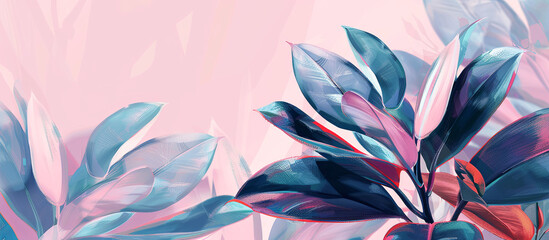 Nature banner with rubber plant  leaves and flower. Illustration for background