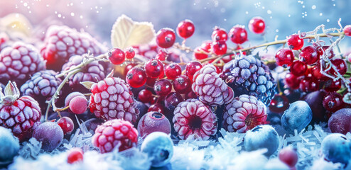 Frozen blueberries, raspberries, strawberries. Panorama with healthy food.