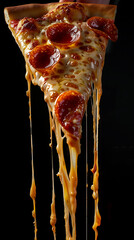 a slice of pizza with cheese dripping down the side, pepperoni on top, isolated black background,