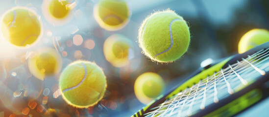 Tennis yellow ball, racket on the court. Sports banner. Healthy concept.
