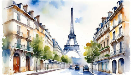Watercolor illustration of a picturesque Parisian street with the Eiffel Tower, ideal for travel, romance themes, and Bastille Day celebrations