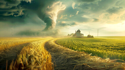 A tornado against a backdrop of clouds, a field and rural house. Landscape with storm.
