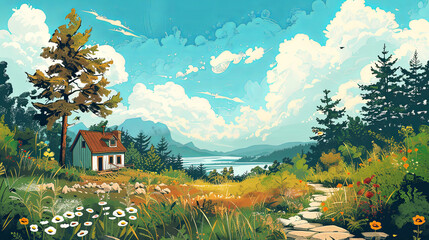 Outdoor nature scenery with mountains in summer. Spring landscape illustration.