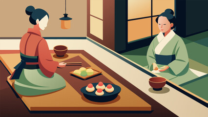 An illustration of a Japanese tea ceremony with a platter of delightful wagashi sweets. These confections not only tantalize the taste buds but