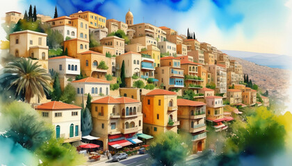 Idyllic Mediterranean hillside town with colorful buildings and lush vegetation, evoking European summer vacations or the ambiance of regional festivals - obrazy, fototapety, plakaty