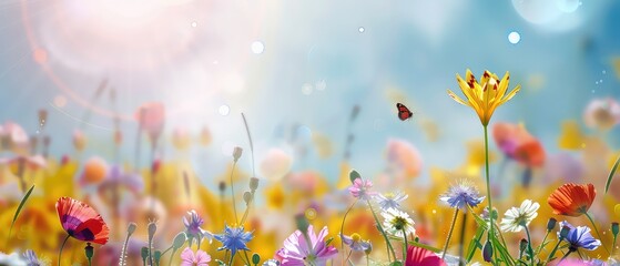 Summer, spring meadow, grass and wildflowers nature abstract background, A picturesque colorful...