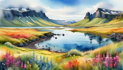 Vibrant digital illustration of a serene Nordic valley with colorful wildflowers and tranquil lakeideal for themes related to Earth Day and nature conservation