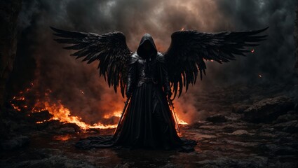Faceless Angel Wields Flaming Sword in the Depths of Hell