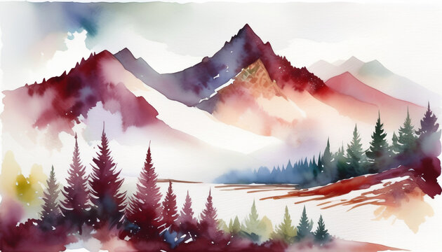 Serene watercolor landscape featuring majestic mountains, evergreen forests, and a tranquil lake, ideal for nature-themed decor and International Mountain Day - Powered by Adobe