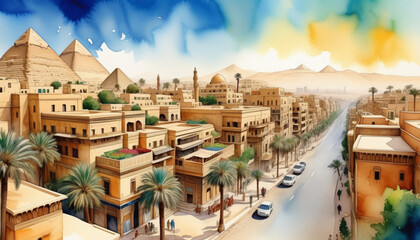 Idyllic digital artwork of a bustling Egyptian street with pyramids in the background, evoking concepts of travel, ancient civilizations, and Middle Eastern culture - obrazy, fototapety, plakaty