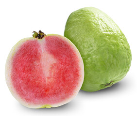 Fresh Red Guava fruit on white background. Sweet Guava fruit with leaf isolate on white with clippingpath.