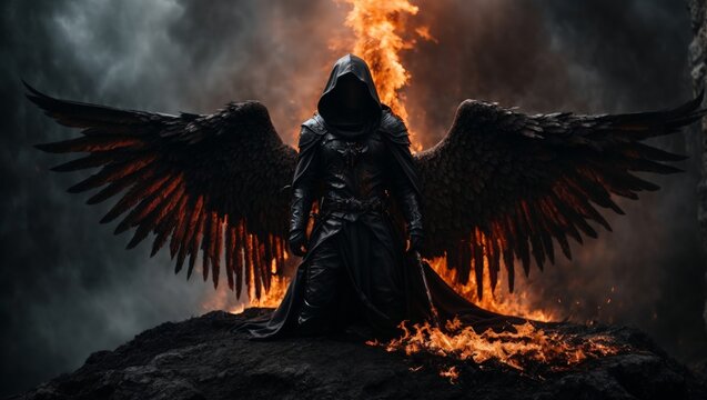 A hooded, bleeding angel with a flaming sword stands amidst the abyss of death.
