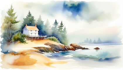 Watercolor illustration of a serene coastal landscape with a quaint house amid evergreen trees, ideal for themes of solitude, vacation retreats, and nature tranquility