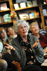 Obraz premium Imagine a charismatic storyteller captivating a diverse audience in a cozy bookstore
