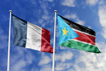 3d illustration. France and  South Sudan Flag waving in sky. High detailed waving flag. 3D render....