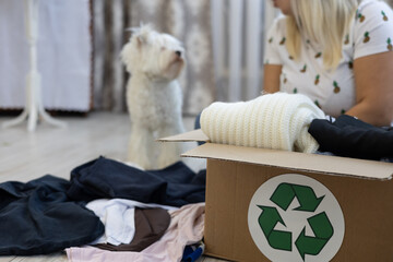Sorting things at home with a dog. A woman puts things in a donation box. On the floor there is a box with a recycling sign, clothes are folded in it. A woman is interrupting things with her dog. - obrazy, fototapety, plakaty