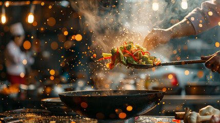 In a vibrant marketplace, a skilled chef adeptly tosses a diverse array of vegetables in a hot wok. - obrazy, fototapety, plakaty