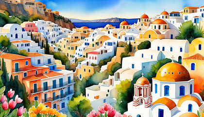 Colorful illustration of a traditional Greek village with white houses and blue domes, ideal for travel themes and Mediterranean cultural holidays - obrazy, fototapety, plakaty