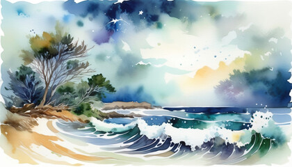 Abstract watercolor seascape with a vibrant sky, crashing waves, and coastal trees, ideal for concepts like tranquility and World Oceans Day - obrazy, fototapety, plakaty