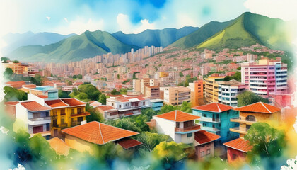 Vibrant illustration of a Latin American cityscape with colorful buildings and lush greenery set against a backdrop of majestic mountains, ideal for travel and cultural themes - obrazy, fototapety, plakaty