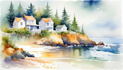 Idyllic watercolor illustration of coastal homes amidst pine trees on a serene cliff, ideal for travel, vacation, and summer holiday themes