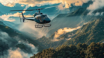 helicopter flying in the mountain area,helicopter in the mountains at a cloudy summer day