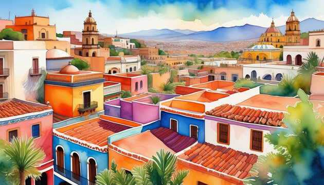 Colorful Mexican town illustration with traditional buildings and churches, ideal for Cinco de Mayo and travel-related themes