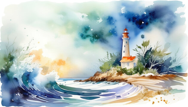 Watercolor painting of a serene lighthouse by the sea with crashing waves, ideal for maritime navigation themes and World Oceans Day communications