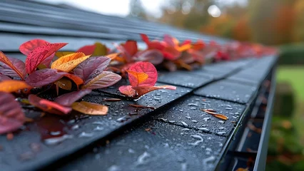 Foto op Canvas Maintaining Household Gutters to Protect Buildings from Rainwater Damage. Concept Gutter Cleaning, Downspout Maintenance, Debris Removal, Roof Inspection, Preventing Water Damage © Ян Заболотний