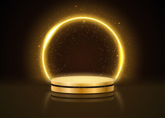 Obraz premium Gold podium with neon glowing round frame, confetti glitter and sparkling rain for your product presentation. Vector illustration.