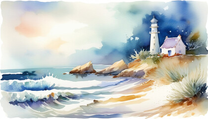 Serene watercolor illustration of a coastal lighthouse scene, symbolizing guidance and safety, ideal for National Lighthouse Day and tranquil home decor themes