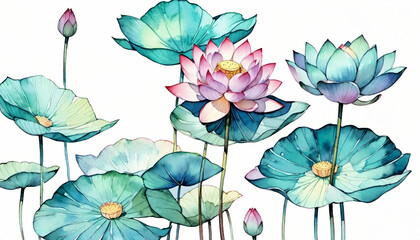 Elegant watercolor lotus flowers illustration, perfect for mindfulness concepts, spa themes, and cultural holidays like the Buddhist Lotus Lantern Festival