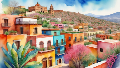 Colorful watercolor illustration of a vibrant Mexican town with traditional architecture, ideal for travel and cultural themes like Cinco de Mayo - obrazy, fototapety, plakaty