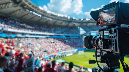 Fototapeta na wymiar A cameraman is filming a football game ,Videographer's camera filming a match on a football field ,Live broadcast of a football match ,the view through the camera screen