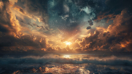 Dramatic sunset over ocean with glowing clouds and stars
