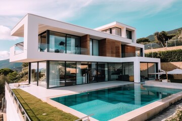 Obraz premium Modern house with garden and swimming pool, modern villa, modern architecture 