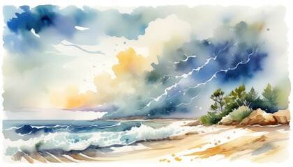 Dynamic watercolor illustration of a coastal storm with lightning strikes, ideal for weather-related content and nature-themed designs