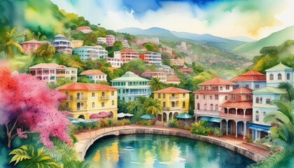 Colorful illustration of a tropical resort town with terraced hillside villas and a serene waterfront, ideal for travel and vacation-themed promotions or summer holidays - obrazy, fototapety, plakaty