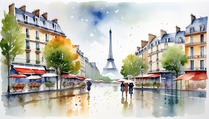 Watercolor illustration of people with umbrellas walking on a rainy Parisian street, with the Eiffel Tower in the background, perfect for travel and romantic concepts - obrazy, fototapety, plakaty